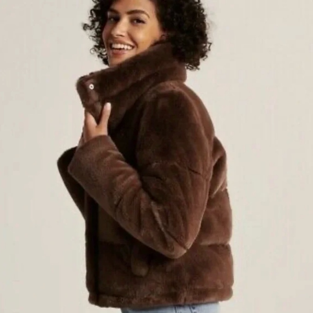 Abercrombie & Fitch Brown Teddy Mini Puffer Jacket Plush Faux Fur Size L
